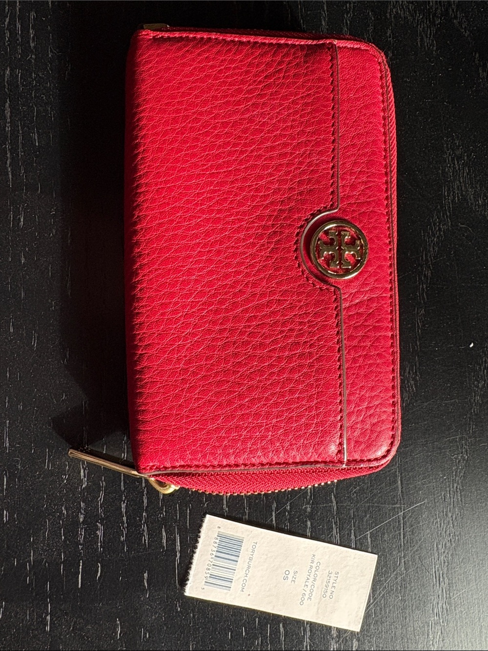 Tory Burch Red Leather Zip-Around Phone Wallet with Logo Medallion